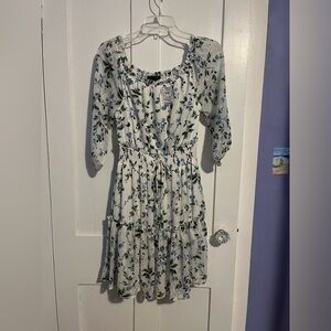 NWT Ryan Michelle white with blue flowers ruffle mini dress petite small